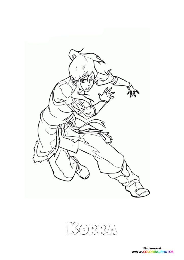 Korra in earthbending stance with determined expression and flowing hair, coloring page from The Legend of Korra