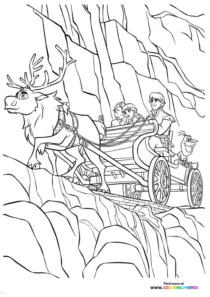 Elsa, Anna, Kristoff, and Olaf riding in a sleigh pulled by Sven the reindeer through a forest coloring page from Frozen 2