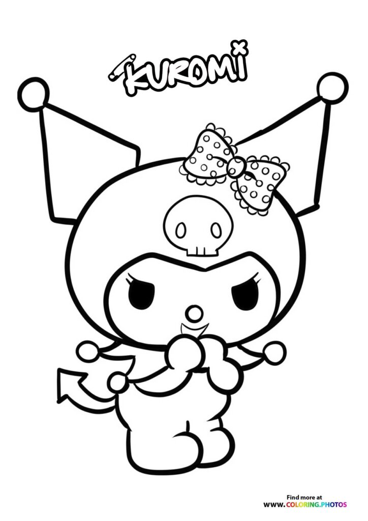 Kuromi with devil horns, skull, and strawberry pastry coloring page from Sanrio