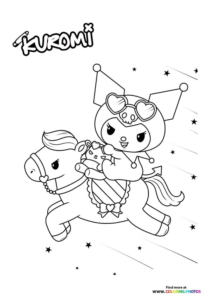 Kuromi riding a unicorn with heart sunglasses and devil horns, surrounded by stars coloring page