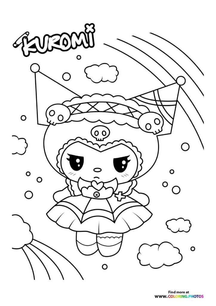 Kuromi floating among clouds with devil horns, heart bow, and skull companions coloring page from Sanrio