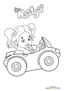 Like Nastya riding a quad bike with pigtails, smiling widely, coloring page
