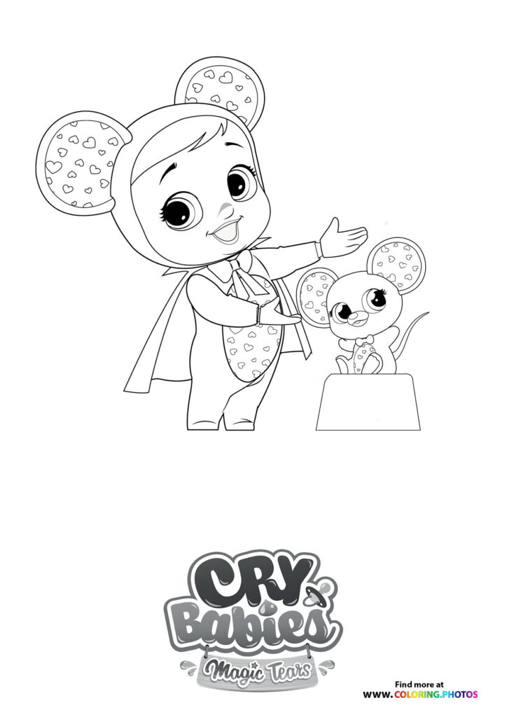 Cry Babies Magic Tears character with mouse ears and heart patterns posing with tiny mouse companion coloring page
