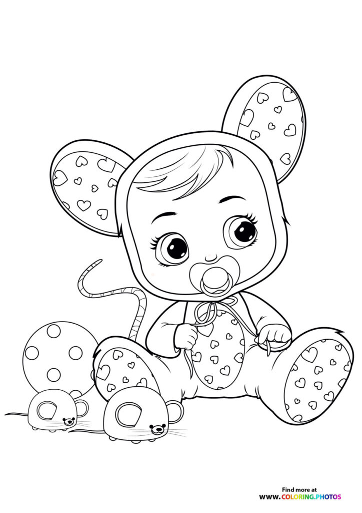 Cry Baby doll with mouse friends and heart-patterned clothing coloring page