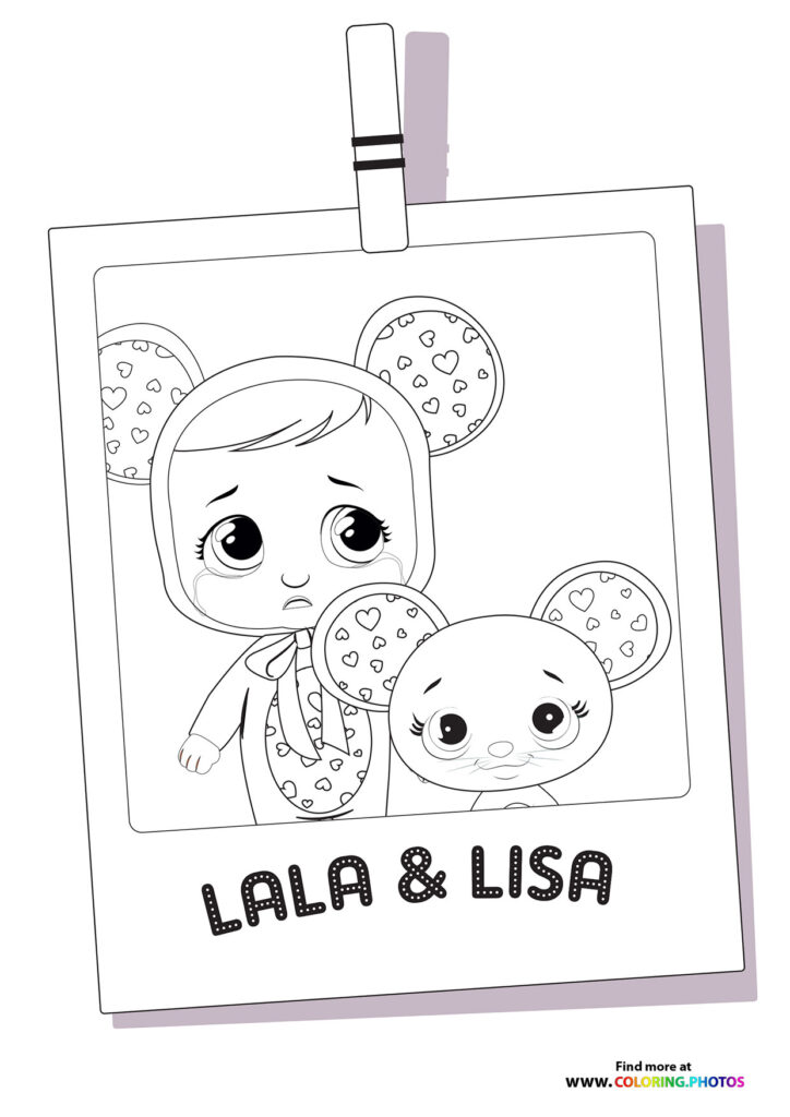 Lala and Lisa from Cry Babies with heart-patterned outfits and round ears, Polaroid photo style coloring page