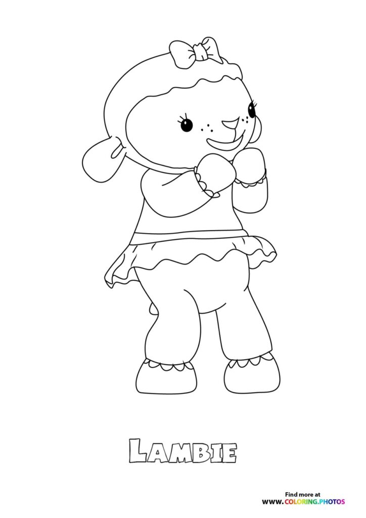 Lambie the stuffed lamb wearing a pink outfit with a bow coloring page from Doc McStuffins