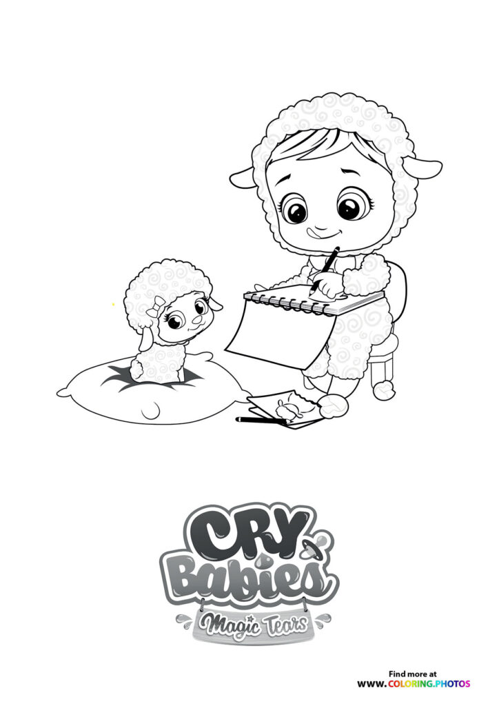 Lammy drawing with sketchpad and baby Cry Baby on pillow coloring page from Cry Babies Magic Tears