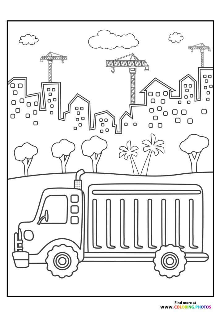 Dump truck at a construction site with cranes and buildings under development coloring page