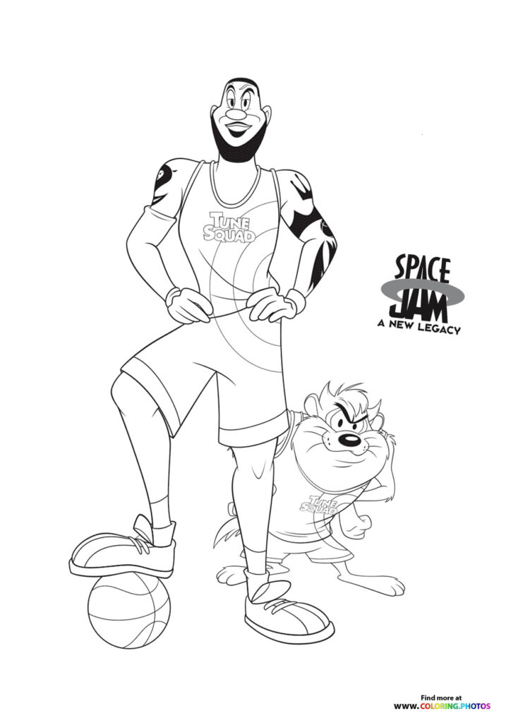 LeBron James in Tune Squad jersey with Bugs Bunny standing beside him and a basketball coloring page from Space Jam A New Legacy