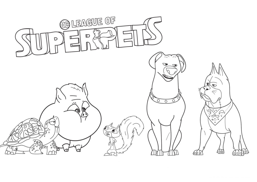 DC League of Super-Pets title with Krypto, Ace, and other animal characters coloring page