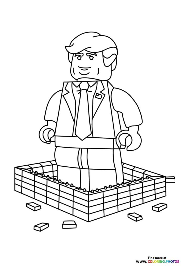 Donald Trump as a Lego-style figure in business suit standing on brick foundation coloring page