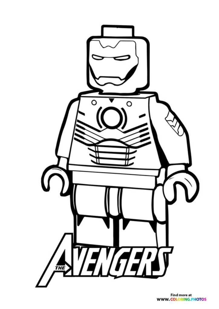 LEGO Iron Man minifigure with armored suit and arc reactor coloring page from The Avengers
