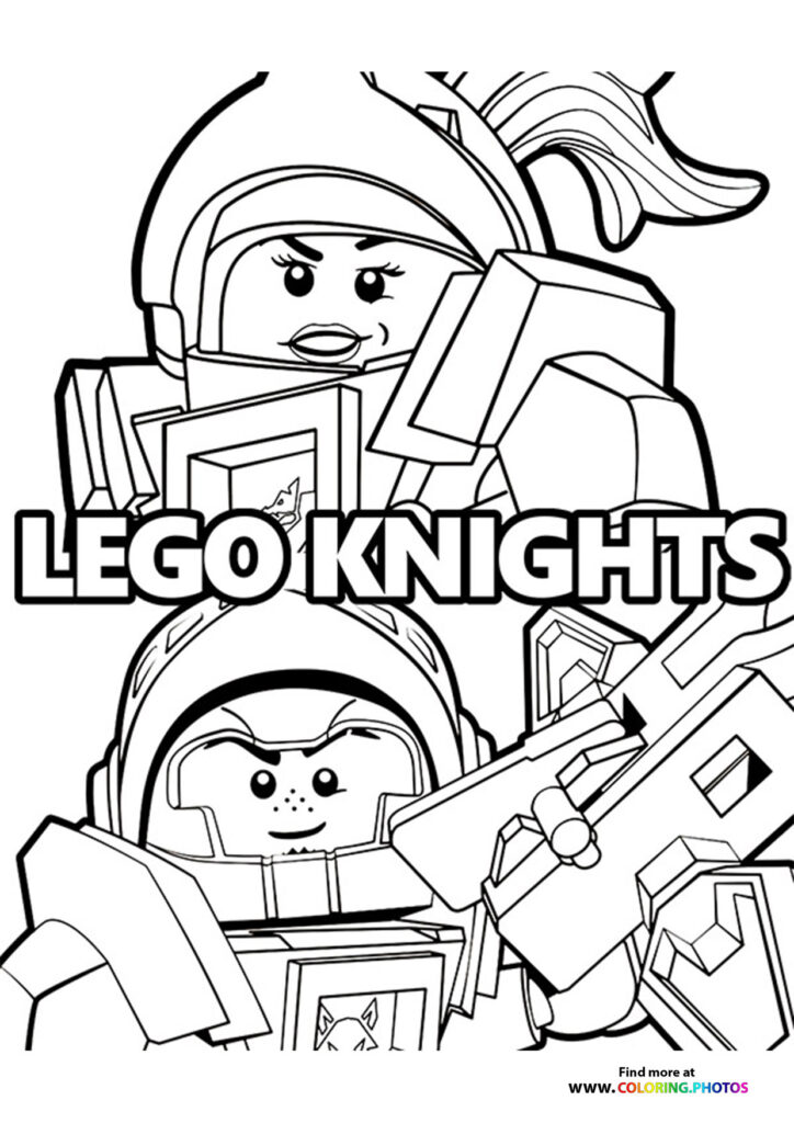 Two LEGO Knights minifigures with armor, helmets and weapons coloring page