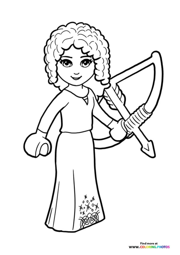 LEGO warrior princess with curly hair holding a sword coloring page
