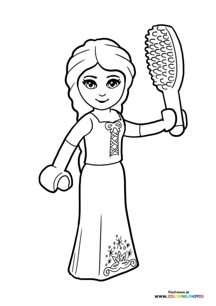 LEGO girl minifigure holding a hairbrush with long hair and patterned dress coloring page