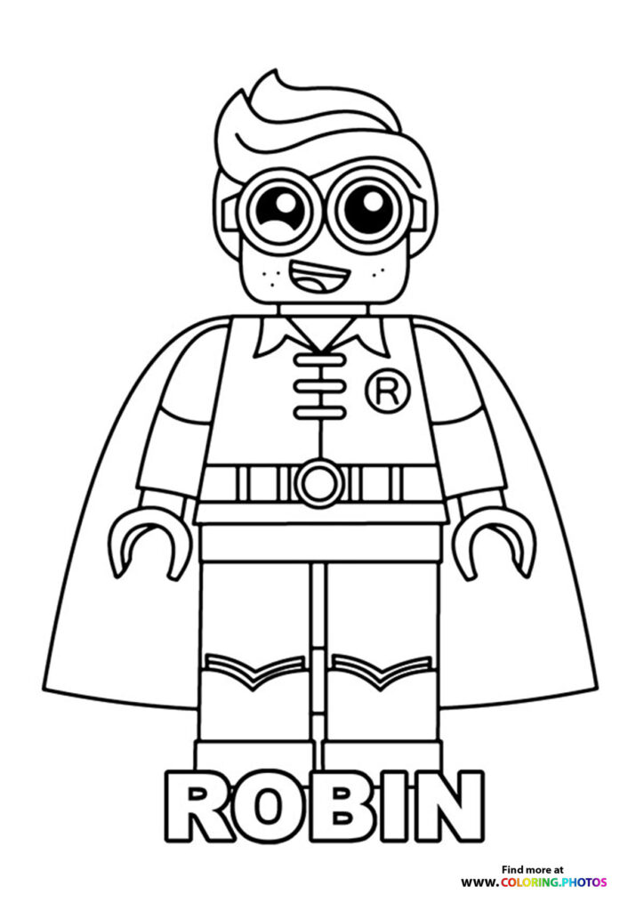 LEGO Robin minifigure with cape and superhero suit coloring page