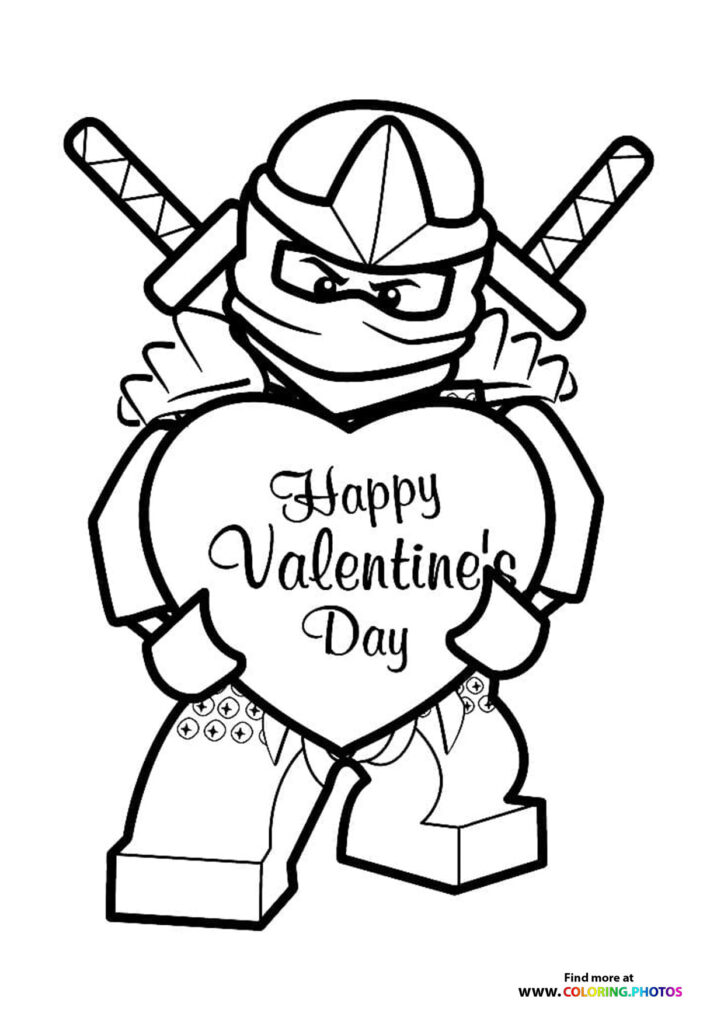 Ninja warrior character holding a large heart with Happy Valentine's Day text and crossed swords coloring page