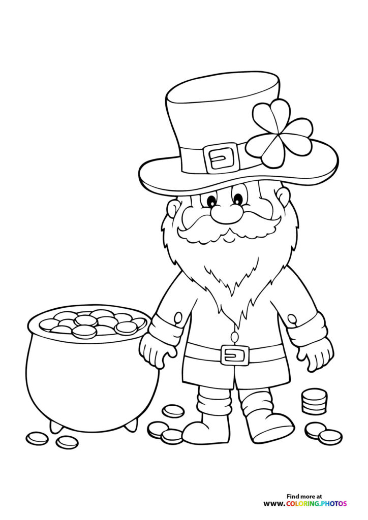 Leprechaun with pot of gold coins and four-leaf clover on hat coloring page