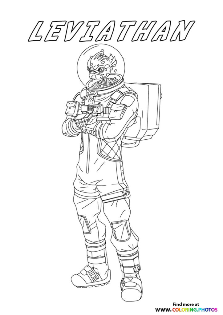 Leviathan astronaut character in full diving suit with helmet and oxygen tanks coloring page from Fortnite
