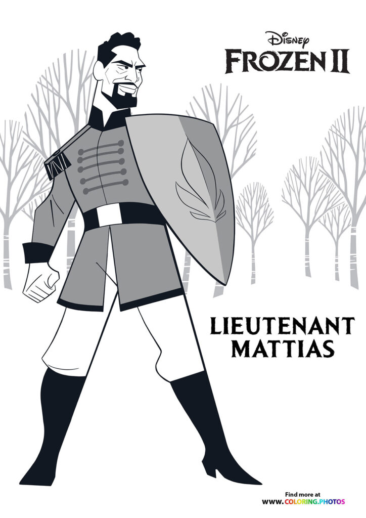 Lieutenant Mattias in military uniform with grey tunic and black boots coloring page from Frozen 2