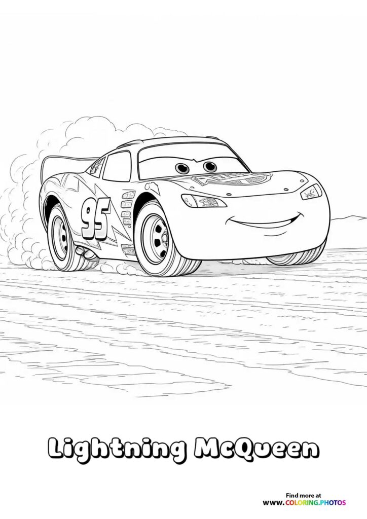 Lightning McQueen racing car with number 95 leaving smoke trail coloring page from Pixar Cars