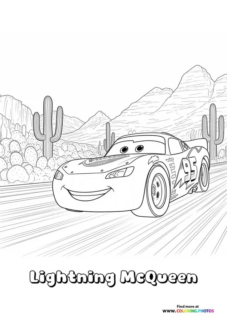 Lightning McQueen smiling on desert road with cacti and mountains coloring page from Cars