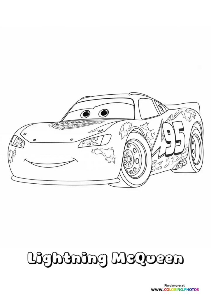 Lightning McQueen smiling with number 95 and flame designs on his body coloring page from Cars