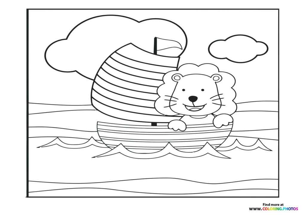 A smiling lion sailing in a striped boat with waves and clouds, summer coloring page