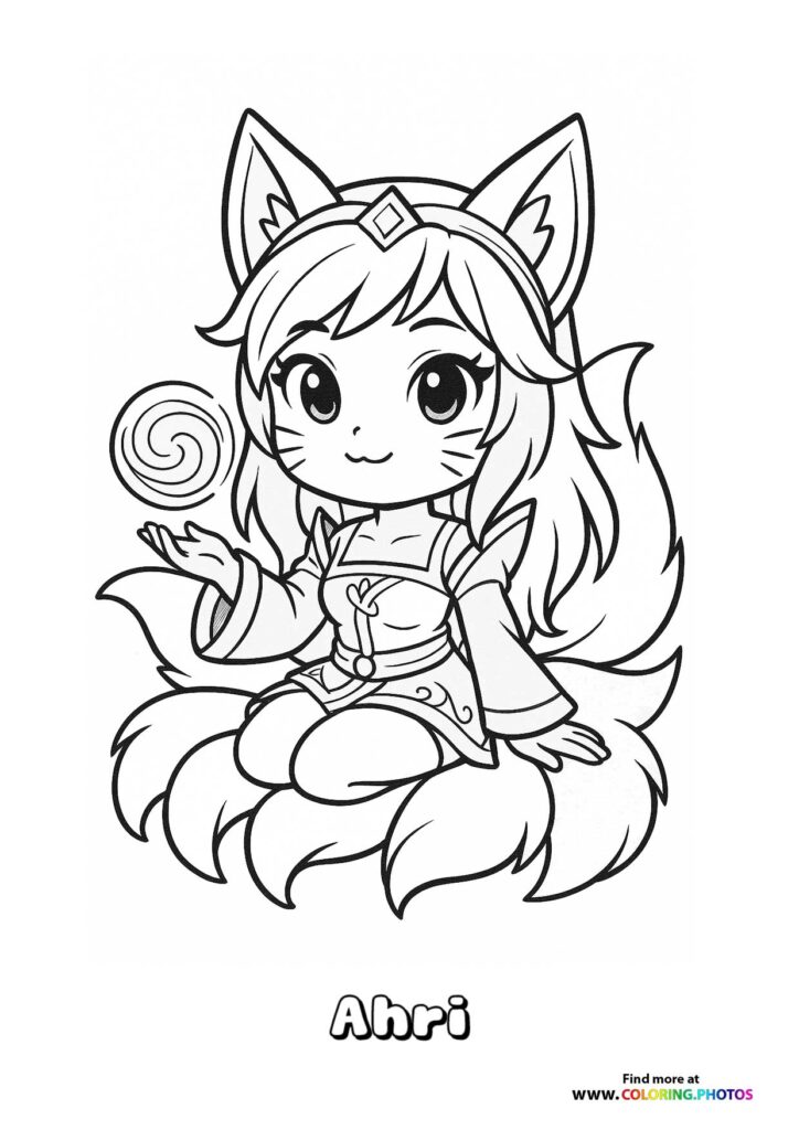 Ahri from League of Legends in chibi art style sitting on clouds with her tails and holding a magic orb coloring page