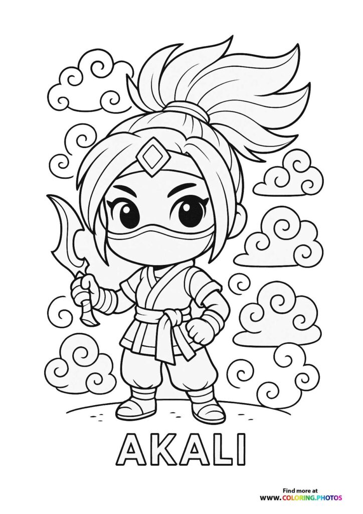 Chibi Akali holding a kunai blade with diamond headpiece and mask, surrounded by clouds coloring page from League of Legends