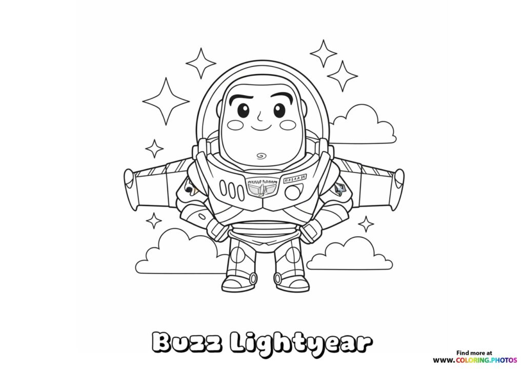 Buzz Lightyear in space suit with helmet and jet pack coloring page from Toy Story 5