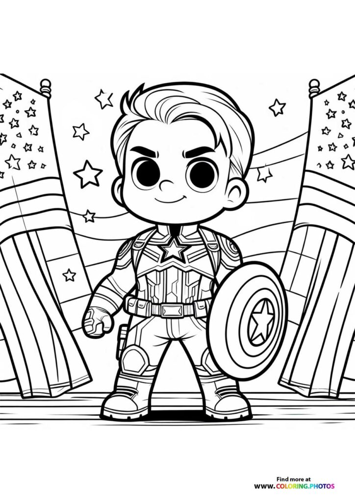 Chibi Captain America in suit and shield with American flags coloring page