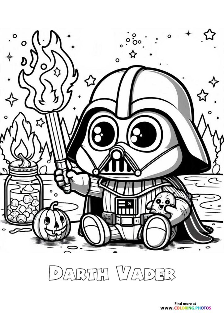 Cute chibi Darth Vader holding a torch with jack-o-lantern and stars, Star Wars coloring page