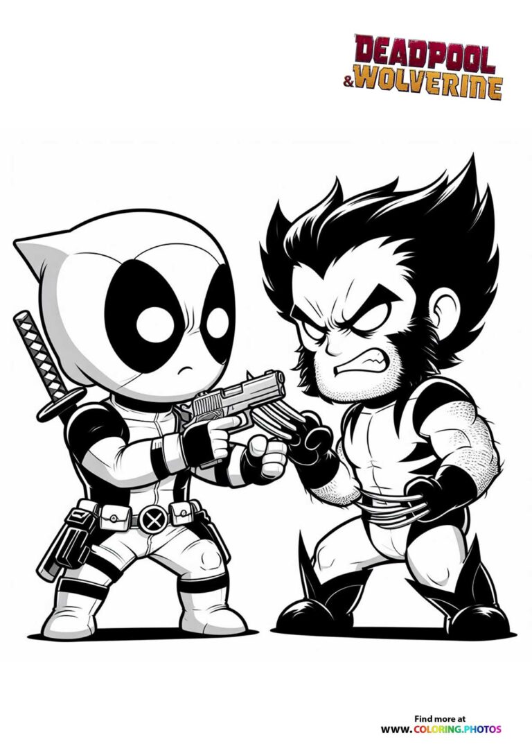 Little Deadpool & Wolverine fighting - Coloring Pages for kids