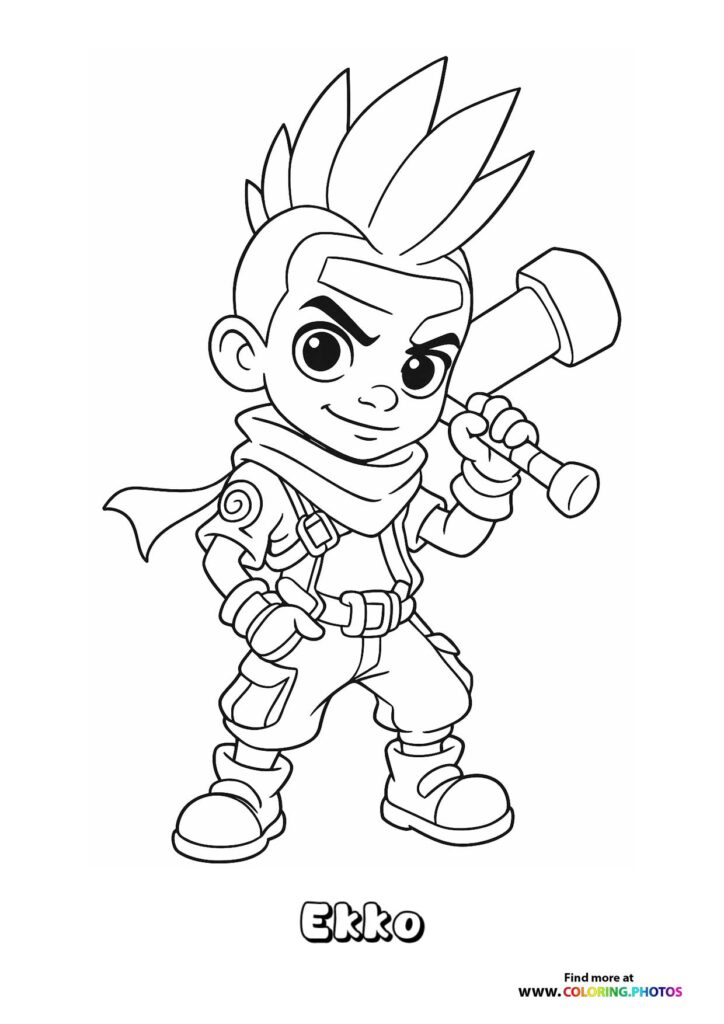 Ekko from League of Legends holding a hammer, wearing futuristic gear with spiky hair coloring page