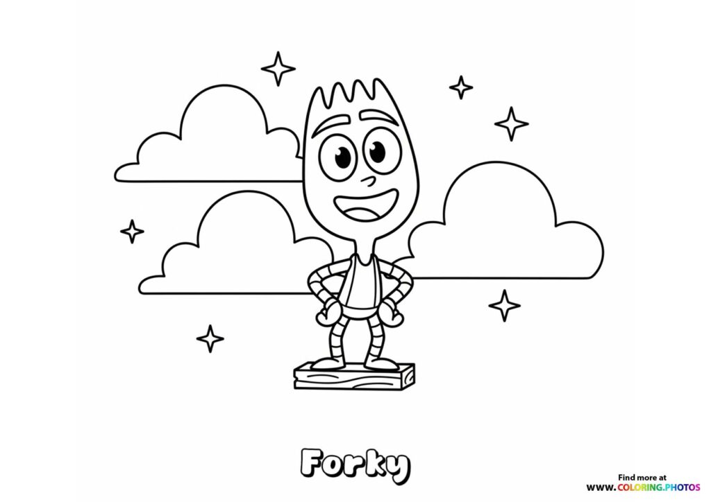Forky standing with hands on hips among clouds and stars coloring page from Toy Story 5