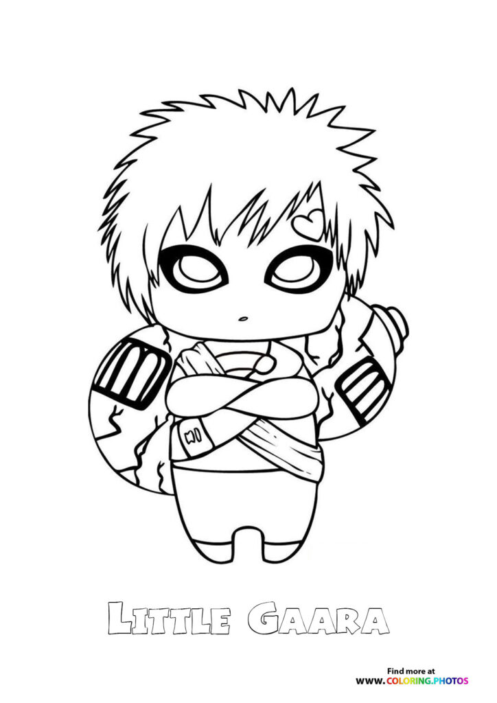 Chibi Gaara with spiky hair, large eyes, and crossed arms wearing sand village wrappings, coloring page from Naruto
