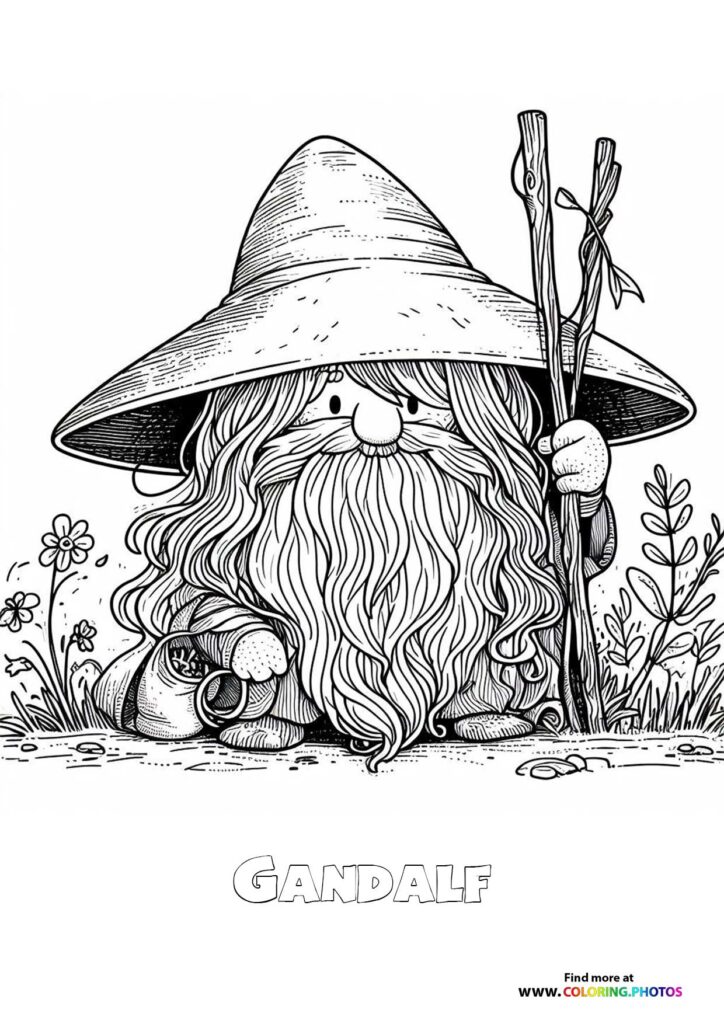 Gandalf the Grey with pointed hat and staff coloring page from Lord of the Rings
