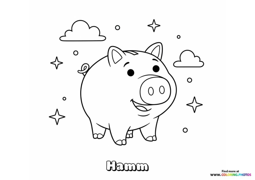 Hamm the piggy bank smiling with clouds and stars coloring page from Toy Story 5