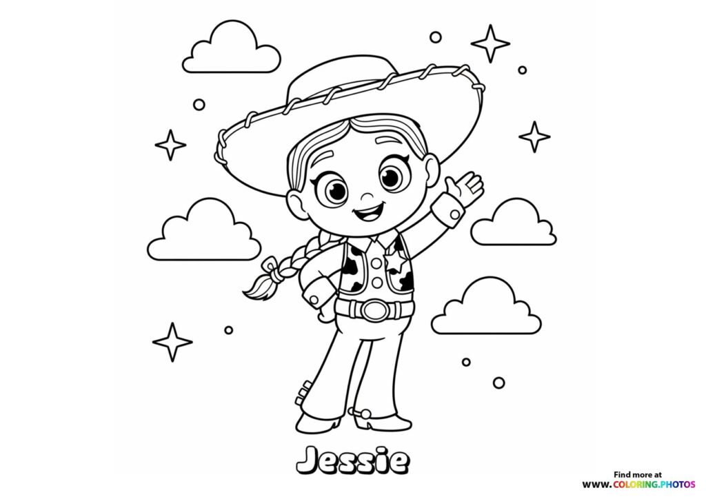 Jessie the cowgirl character wearing a hat and vest, waving in the sky surrounded by clouds and stars coloring page