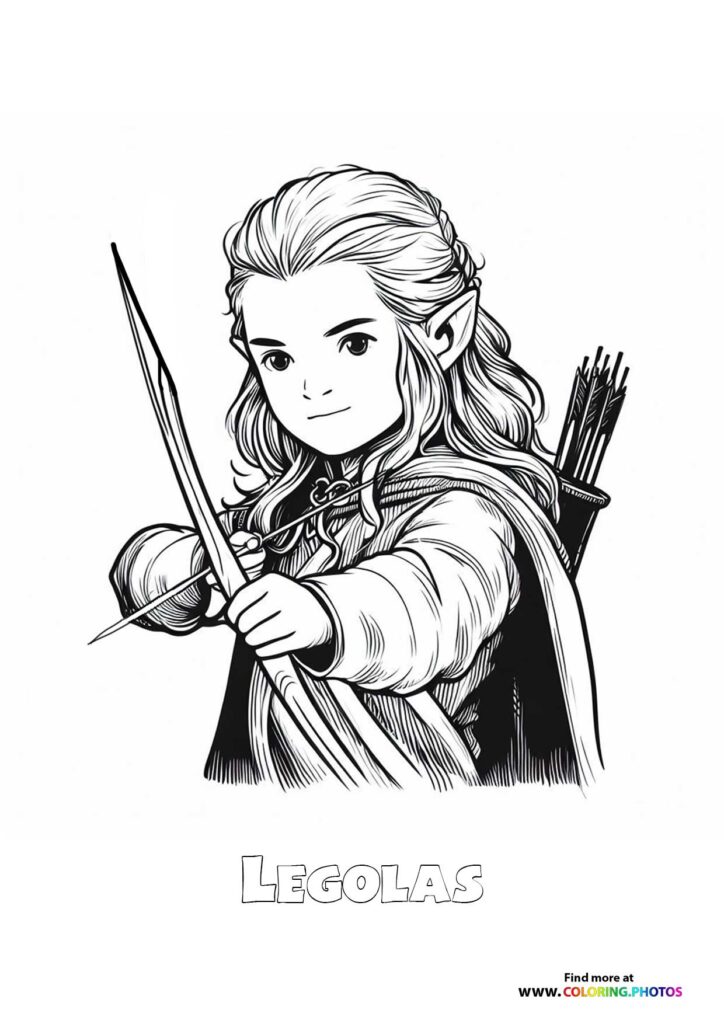 Legolas holding a sword with arrows on his back, coloring page from Lord of the Rings