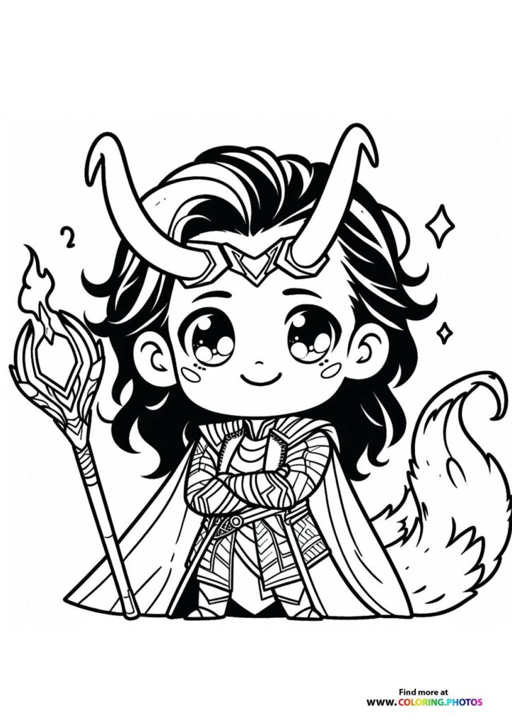 Chibi Loki holding a twisted staff and wearing horned helmet and flowing cape coloring page