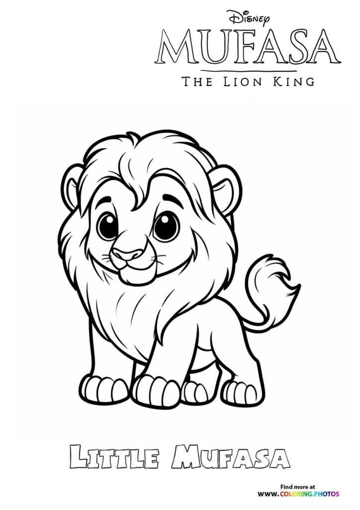 Young Mufasa with fluffy mane and big eyes smiling, coloring page from Mufasa The Lion King 2024