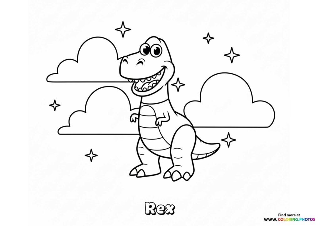 Rex the dinosaur with a big smile, surrounded by clouds and stars coloring page from Toy Story 5
