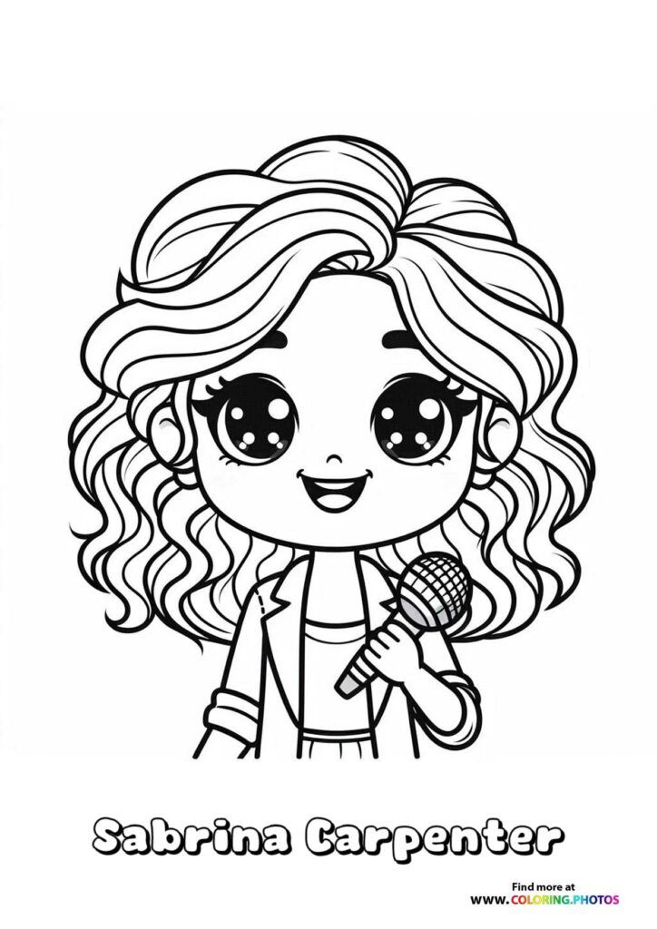 Sabrina Carpenter with wavy hair holding a microphone coloring page