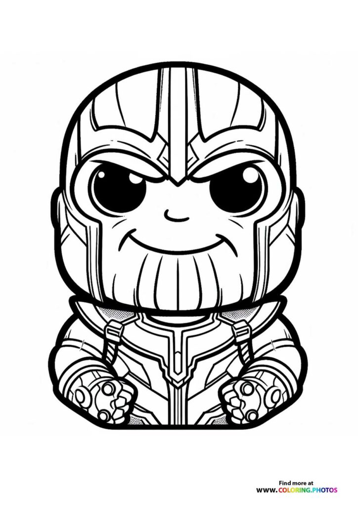 Cute chibi Thanos with armor and Infinity Gauntlet coloring page