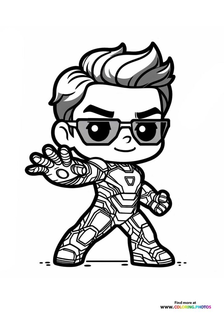 Iron Man in Funko Pop style wearing sunglasses and armor suit with detailed tech patterns coloring page