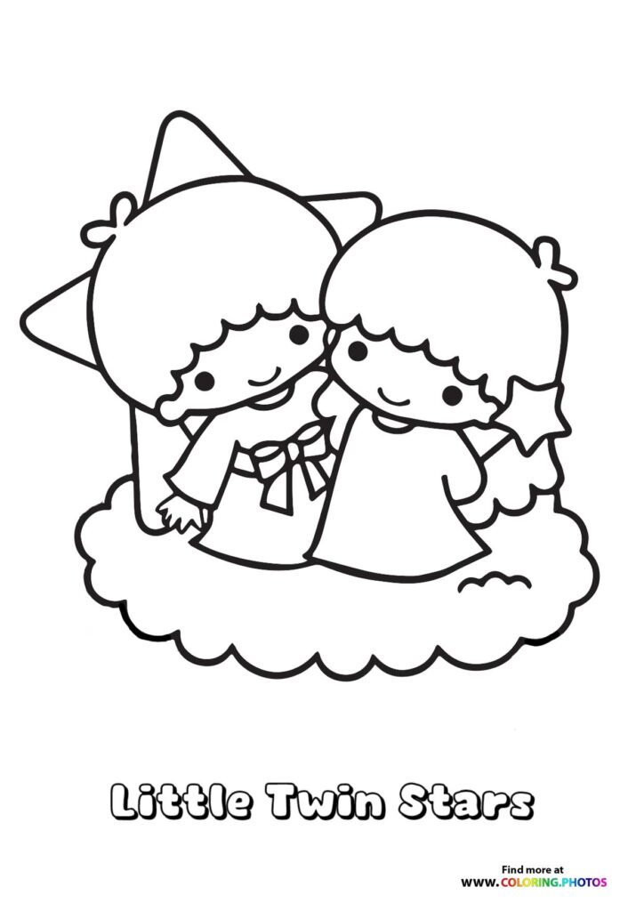 Little Twin Stars sitting on a cloud with a star behind them coloring page