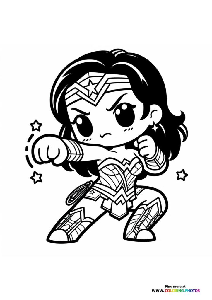 Chibi Wonder Woman in fighting pose with tiara and gold bracelets coloring page