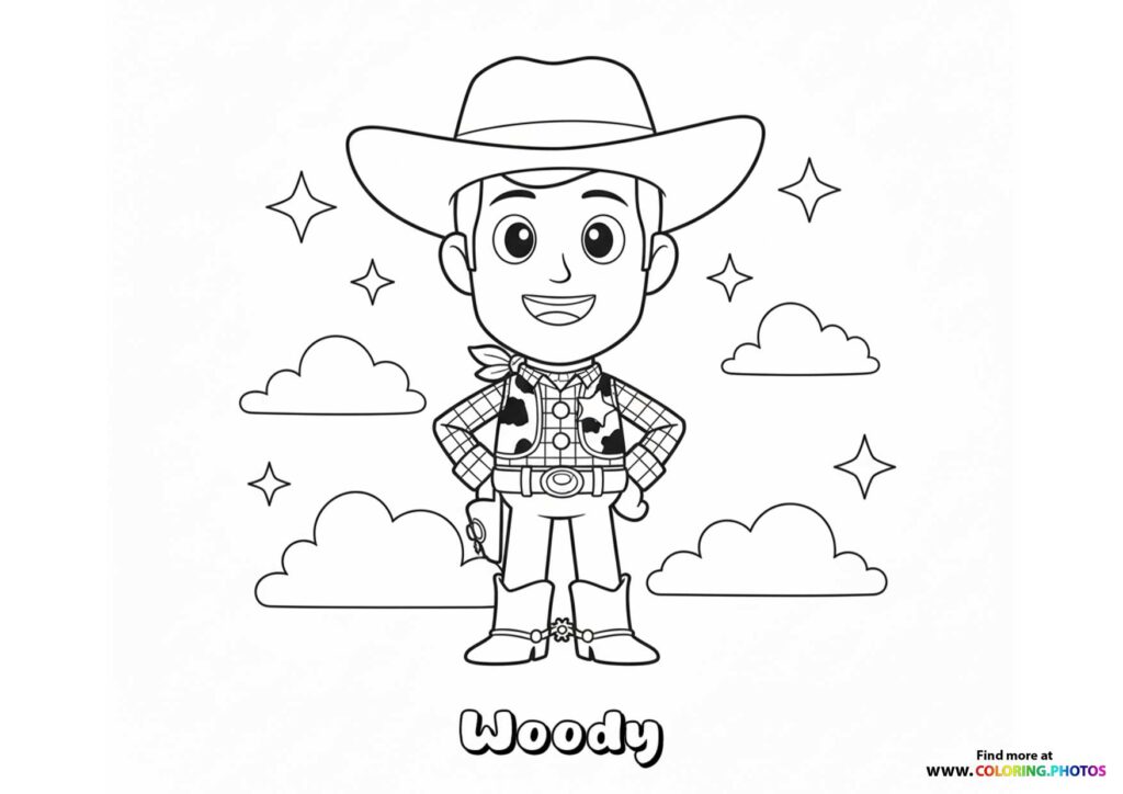 Woody wearing a cowboy hat and plaid shirt with clouds and stars, Toy Story coloring page